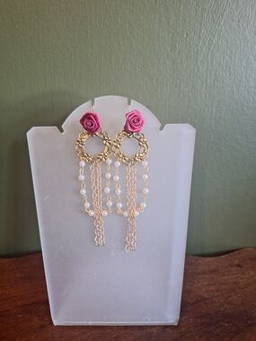 Gold Drop Earrings with Burgundy Rose and Faux Pearl Chains